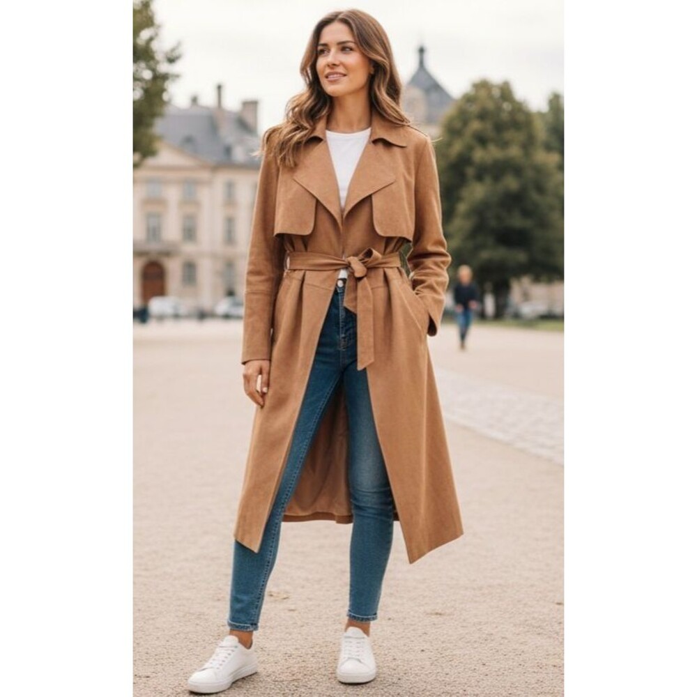 DESIGNER H&M TAN FAUX SUEDE BELTED MIDI LENGTH 48" TRENCH COAT SIZE XLARGE - Picture 16 of 16